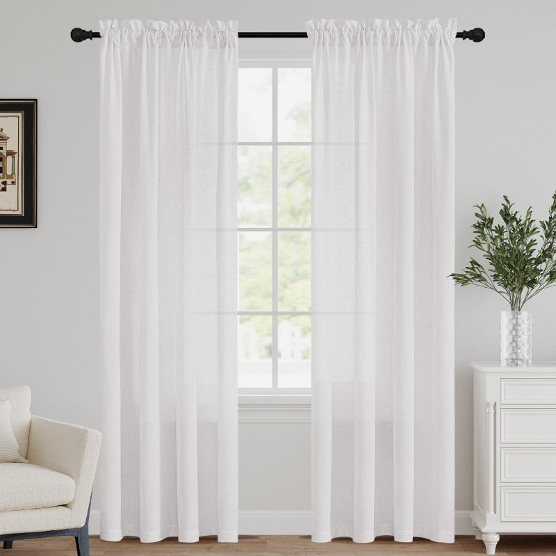 FantasDecor Off White Linen Curtains 84 Inch Length 2 Panels Set Natural Semi Sheer Curtains for Living Room Light Filtering Country Rustic Window Curtain Panels 52" W x 84" L,Off White - Image 1